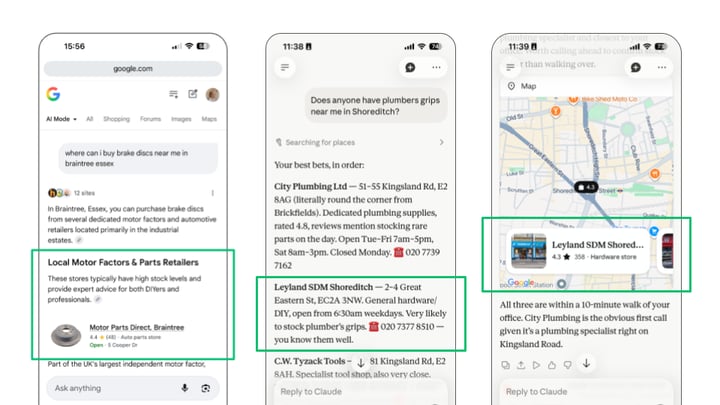 Phones showing results from Google AI Mode and Claude