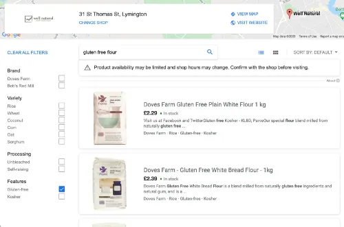 See What's In Store results for gluten free flour at Well Natural in Lymington