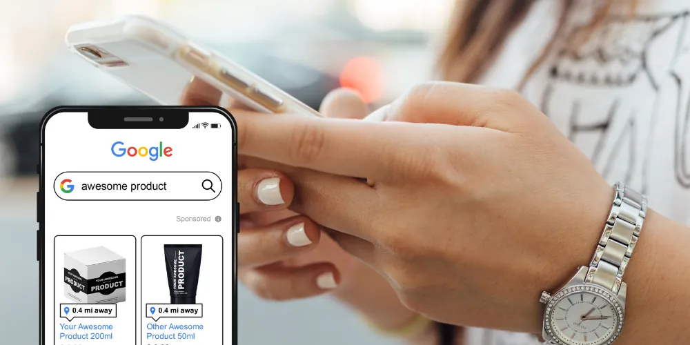 Lady using Google to find a product in a nearby shop