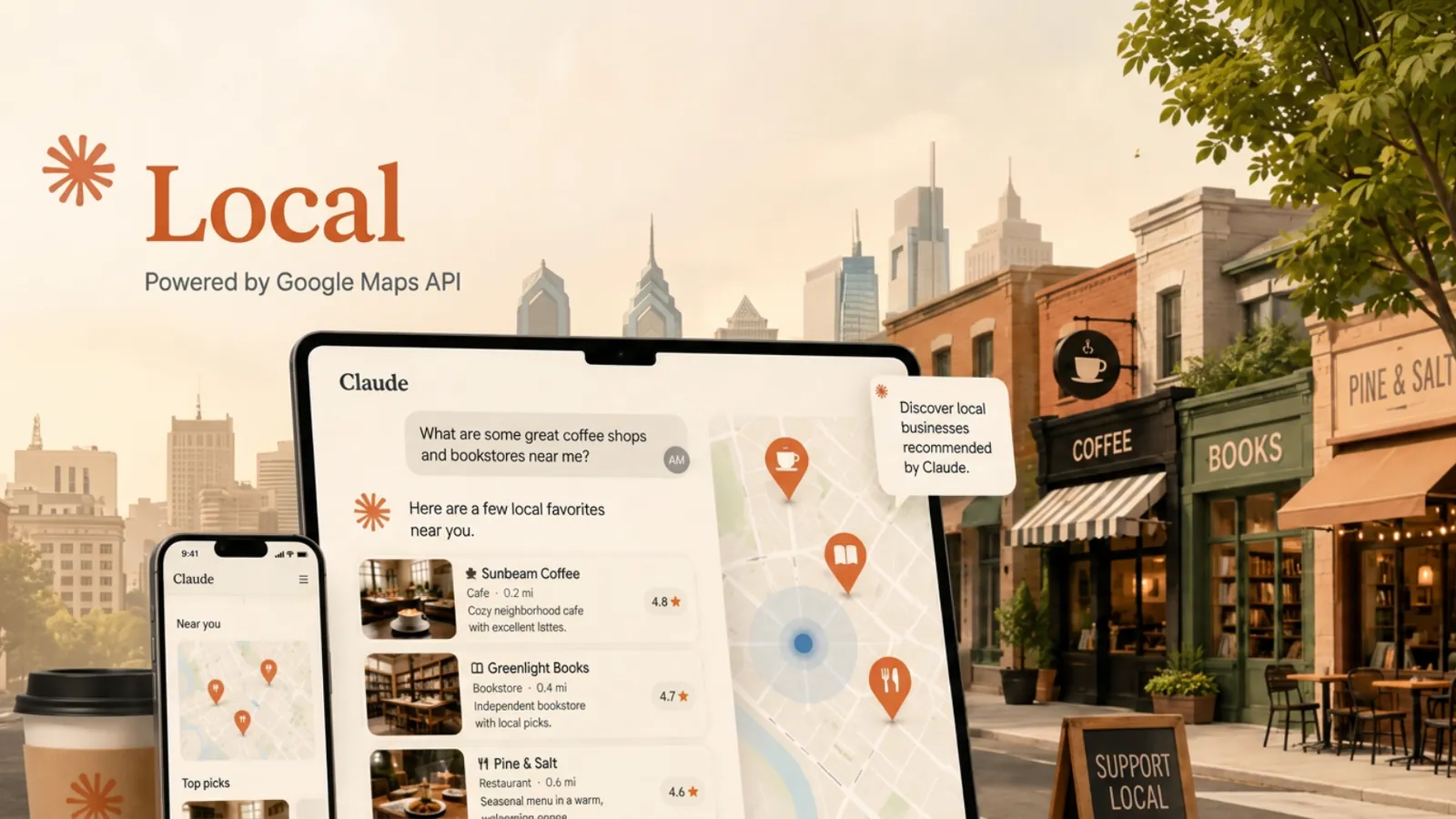 Claude Local graphic showing coffee shop and bookshop recommendations on a map, on a tablet and phone