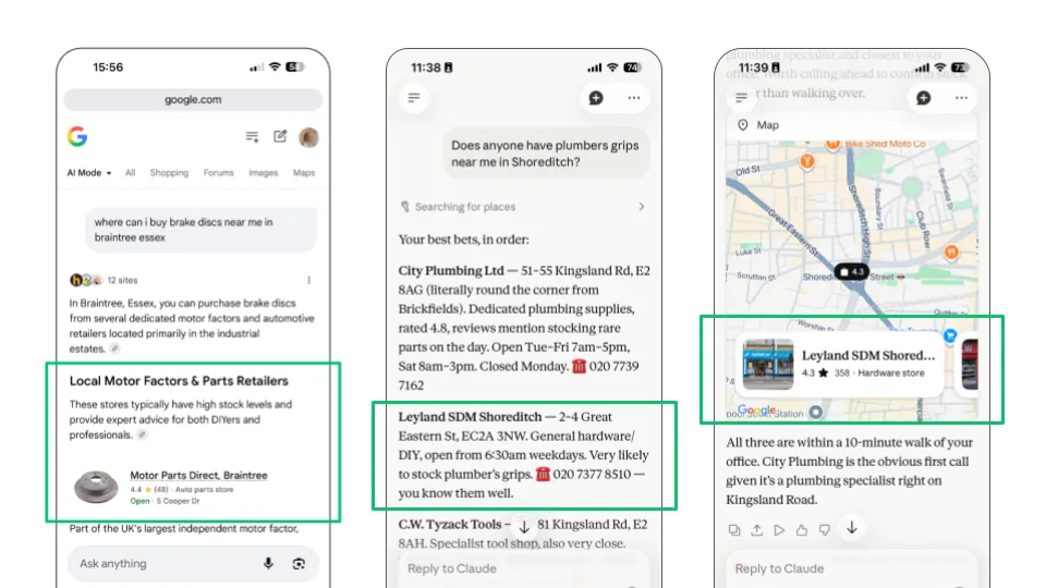 Phones showing results from Google AI Mode and Claude
