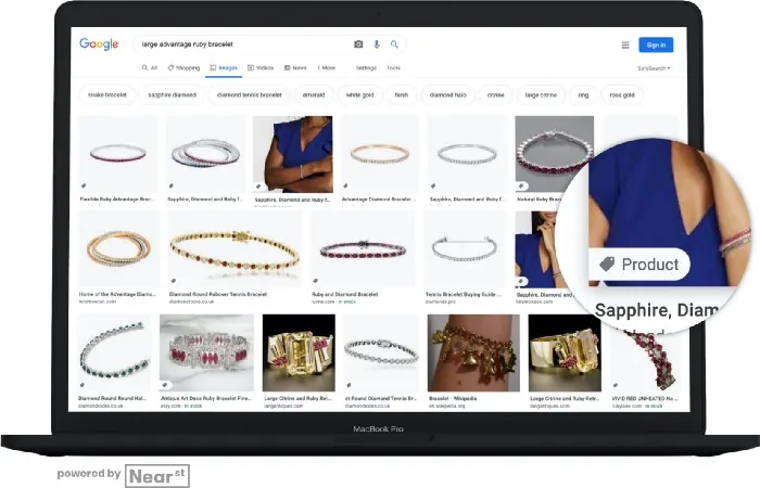Google Images results for a ruby bracelet on a laptop, with a Product label highlighted