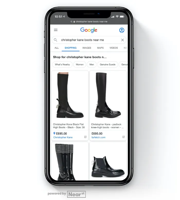 Google Shopping results on a phone for 'christopher kane boots near me', showing black leather boots