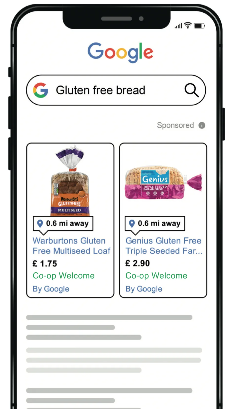 Illustrated Google search for gluten free bread showing ads for loaves at a Co-op Welcome 0.6 miles away