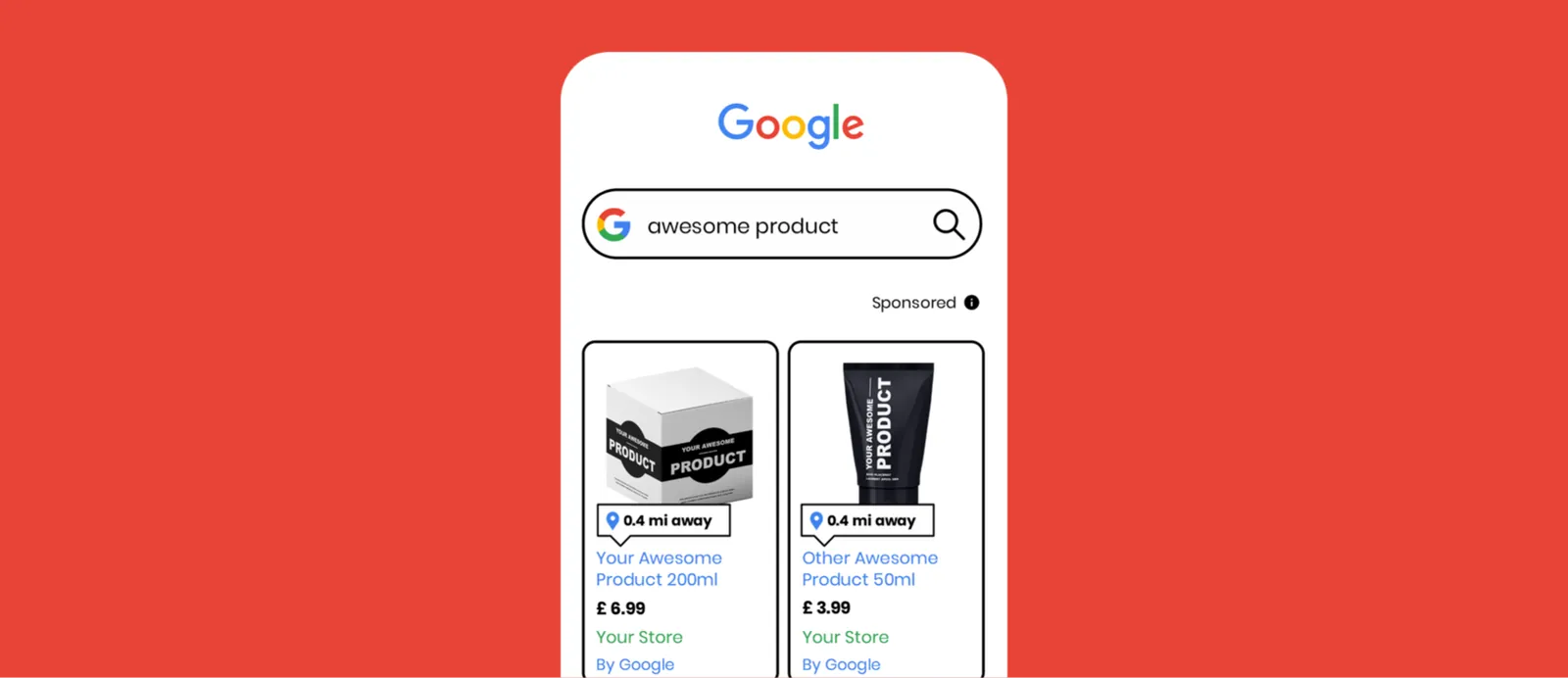 Illustration of Local Inventory Ads on a phone, showing two products 0.4 miles away