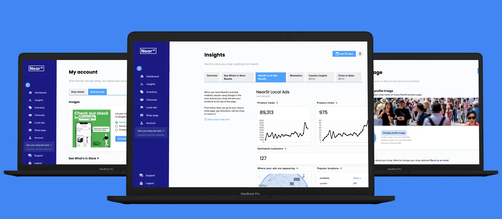 NearSt MyShop on three laptops, showing the Insights, account and shop page screens