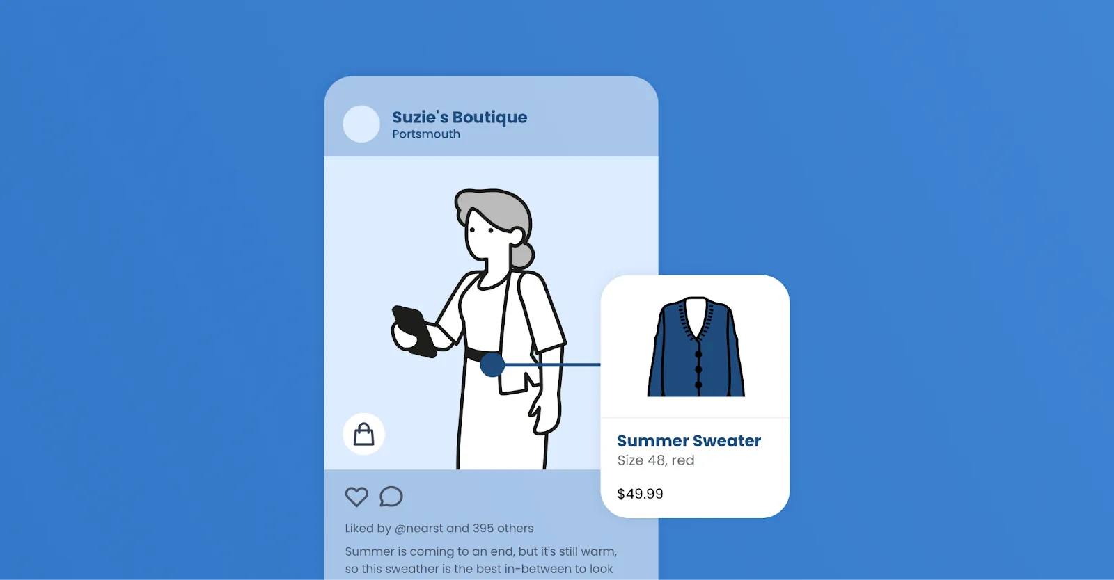 Illustration of an Instagram post from Suzie's Boutique with a product tag for a summer sweater