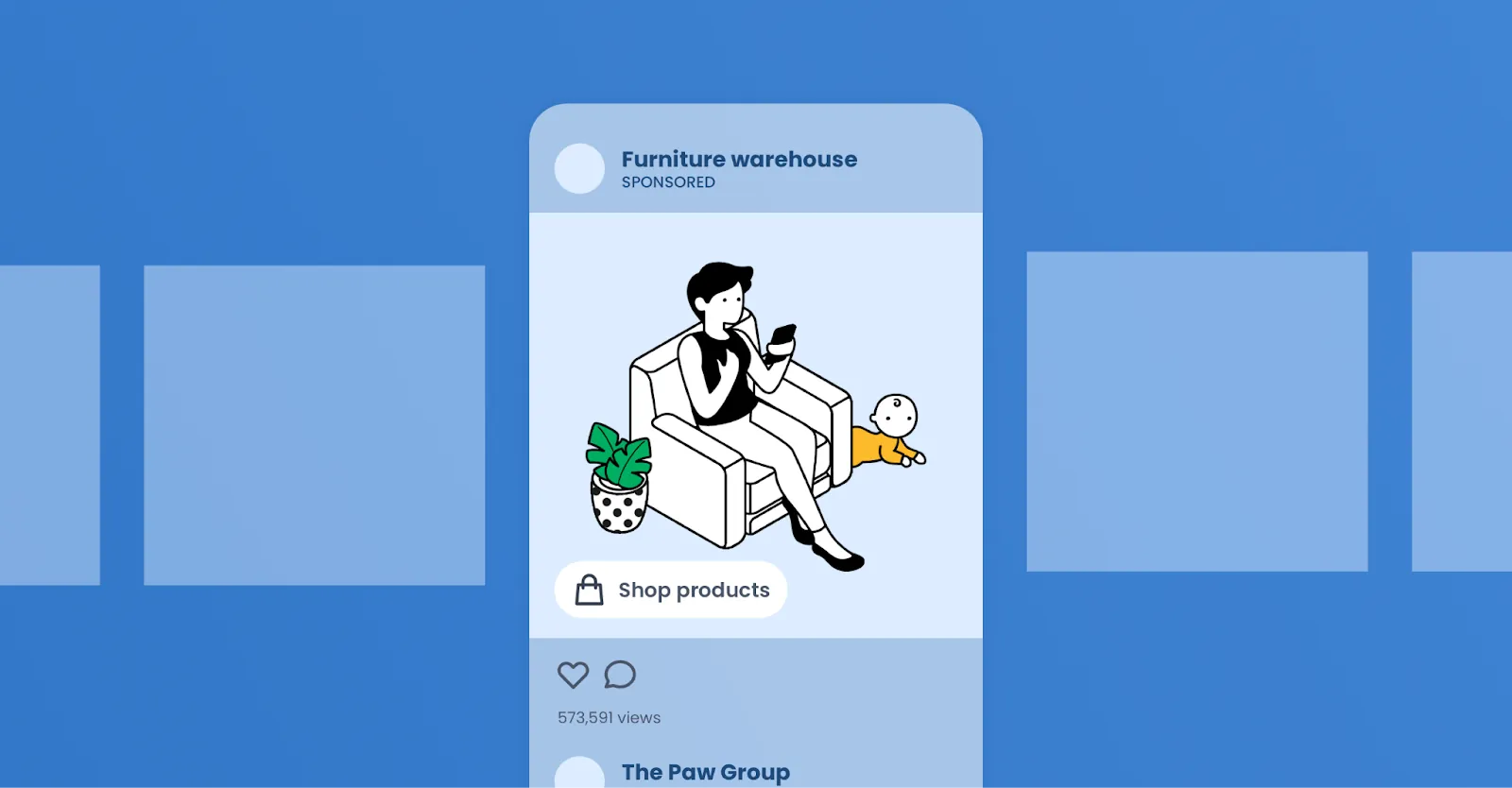 Illustration of a sponsored post from a furniture warehouse with a Shop products button