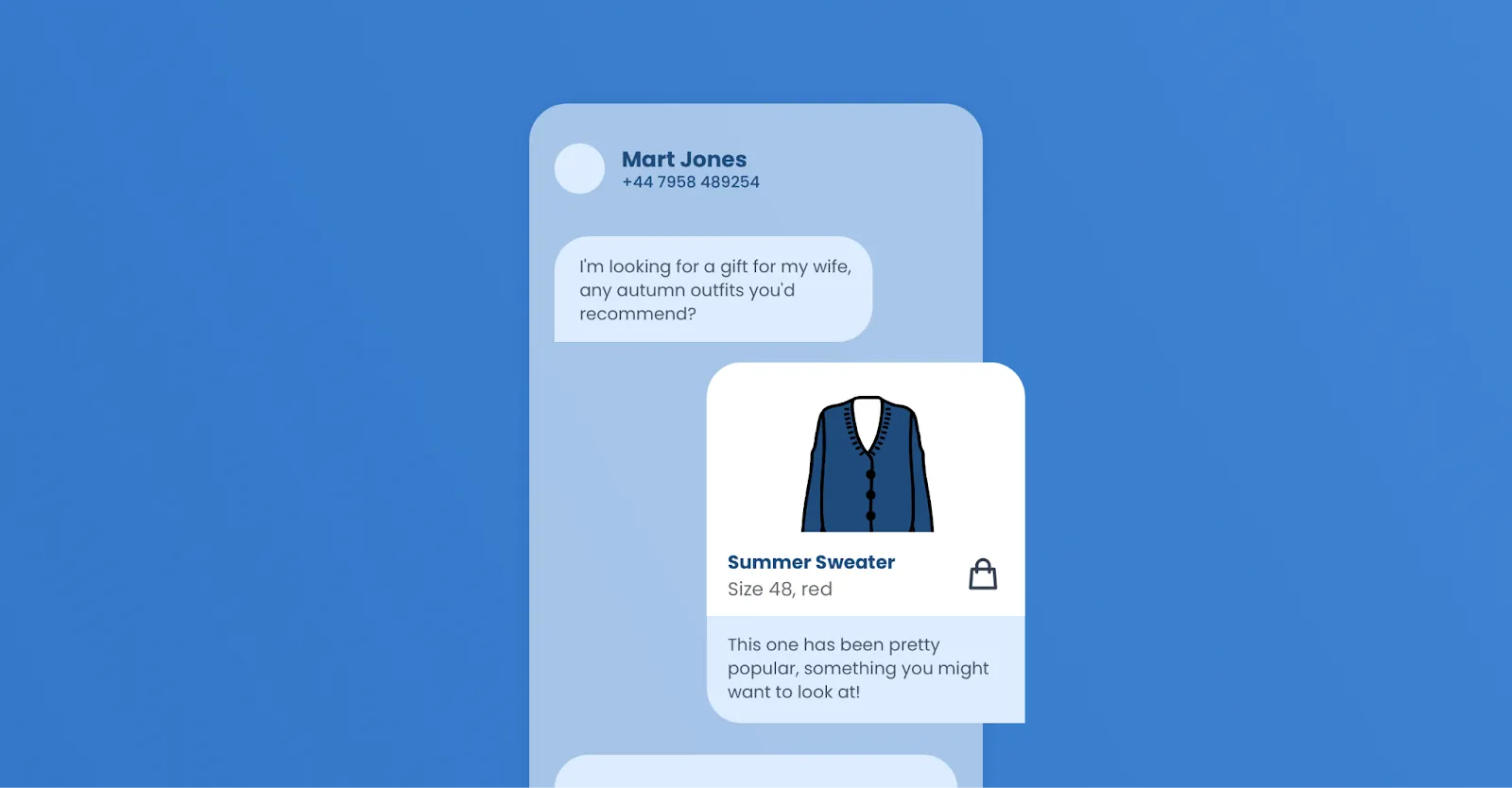 Illustration of a chat in which a shop recommends a summer sweater to a customer looking for a gift
