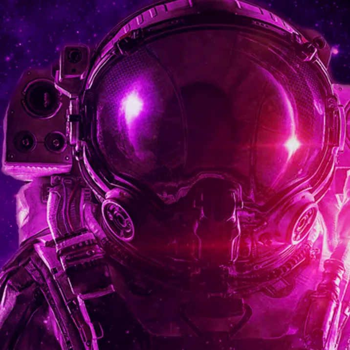 Close-up of an astronaut's helmet lit in purple and pink
