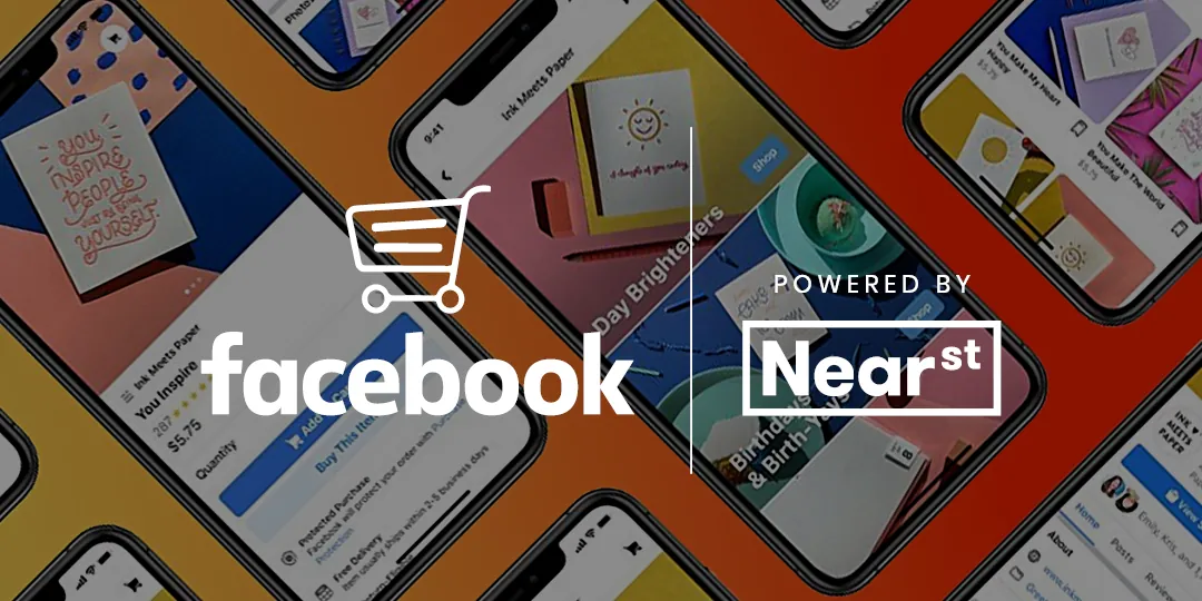 Facebook Shops powered by NearSt, over phone screens showing a Facebook shop