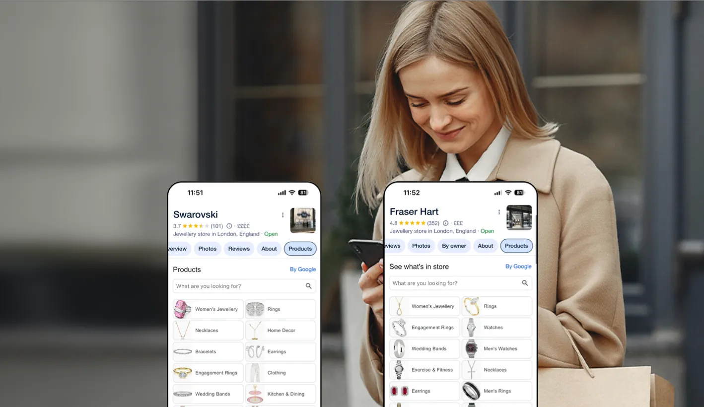Two phones showing Google Business Profiles: Swarovski's Products tab and Fraser Hart's See what's in store