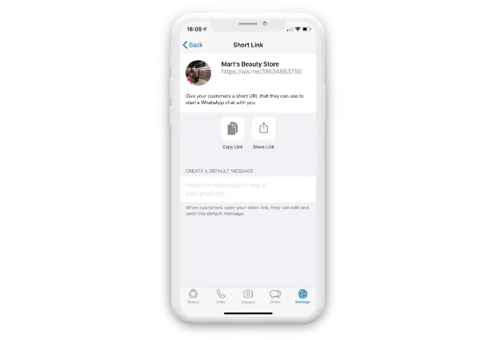 WhatsApp Business short link screen for Mart's Beauty Store on an iPhone